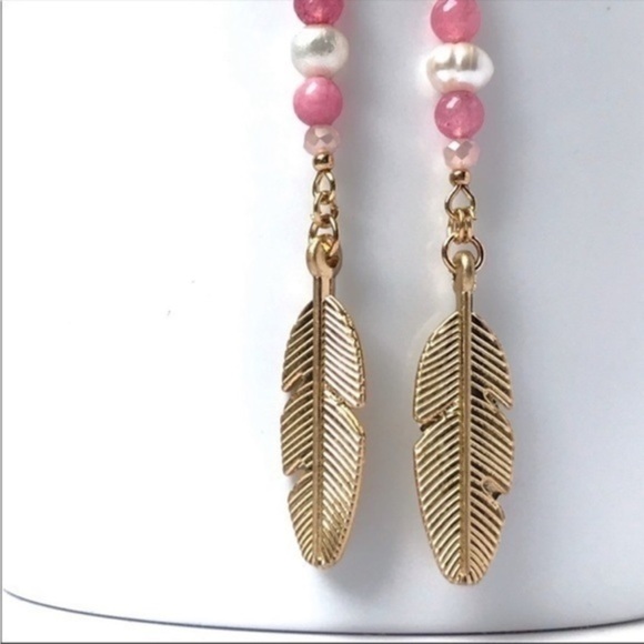 Fresh Water Pearl Glass Bead Feather Gold Dangle Boho Earrings - Picture 4 of 4